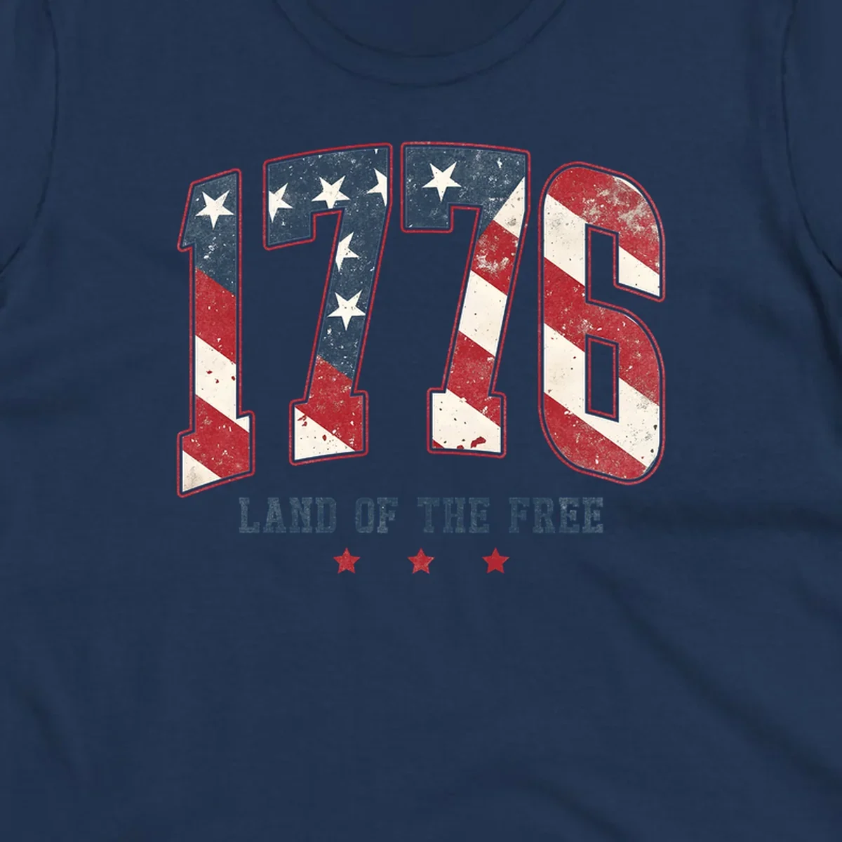 Vintage distressed design featuring the number 1776 in American flag colors and 'LAND OF THE FREE' text, celebrating America's history.