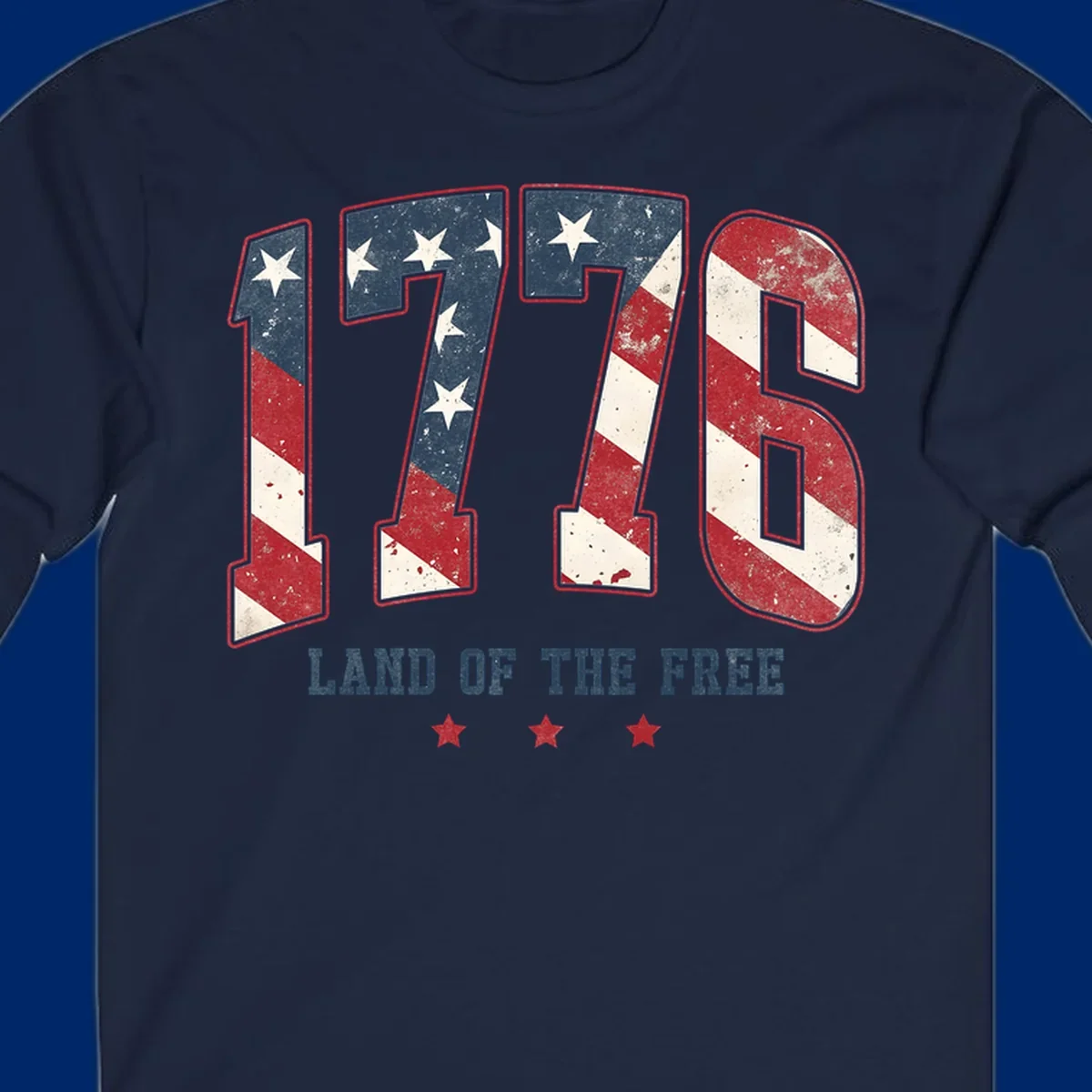Vintage distressed design featuring the number 1776 in American flag colors and 'LAND OF THE FREE' text, celebrating America's history.