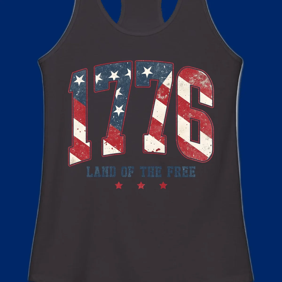Vintage distressed design featuring the number 1776 in American flag colors and 'LAND OF THE FREE' text, celebrating America's history.