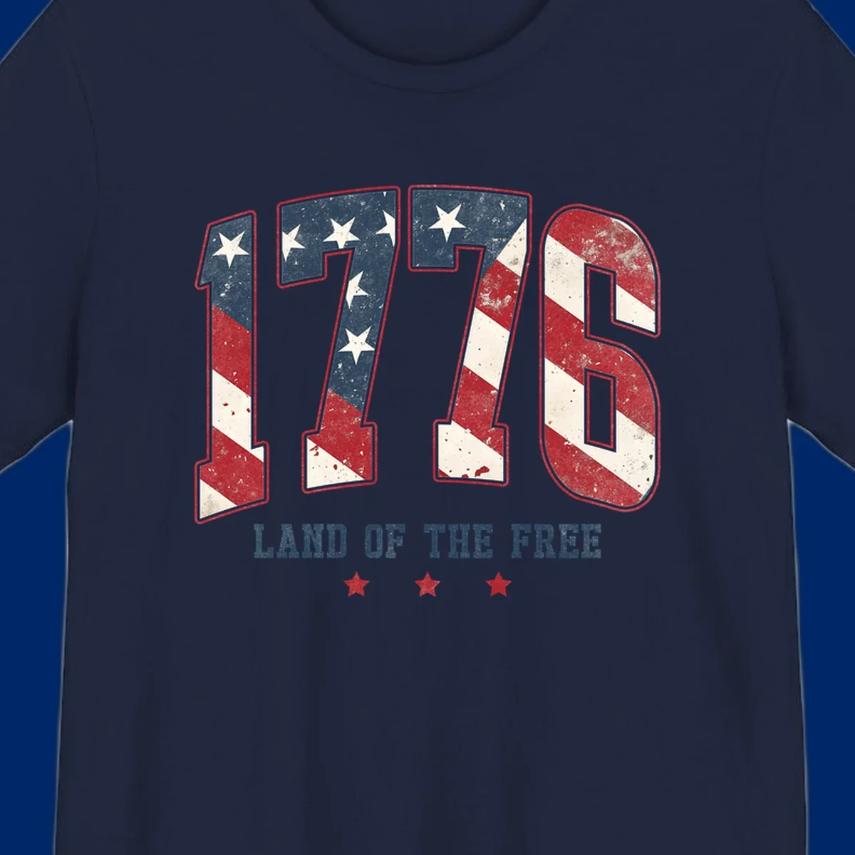 Vintage distressed design featuring the number 1776 in American flag colors and 'LAND OF THE FREE' text, celebrating America's history.
