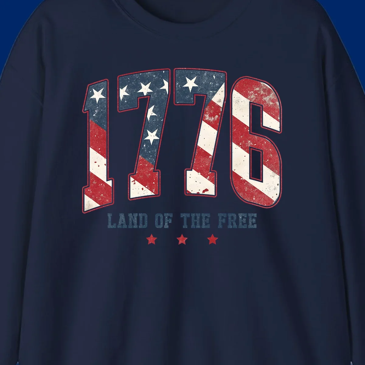 Vintage distressed design featuring the number 1776 in American flag colors and 'LAND OF THE FREE' text, celebrating America's history.