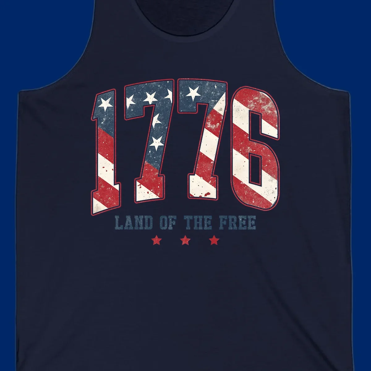 Vintage distressed design featuring the number 1776 in American flag colors and 'LAND OF THE FREE' text, celebrating America's history.