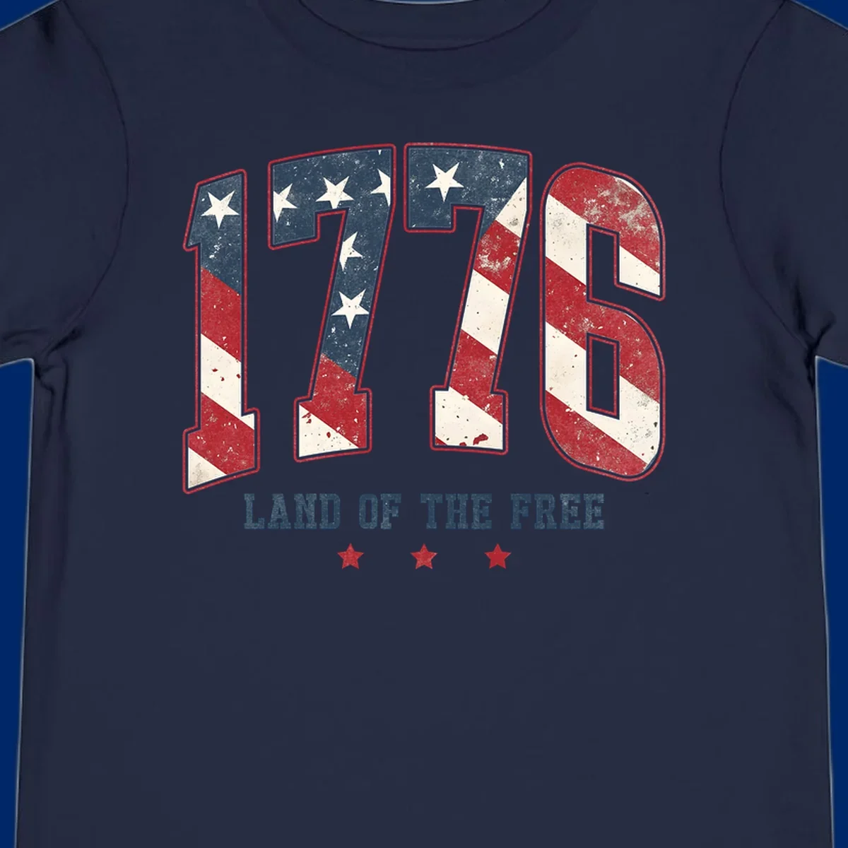 Vintage distressed design featuring the number 1776 in American flag colors and 'LAND OF THE FREE' text, celebrating America's history.