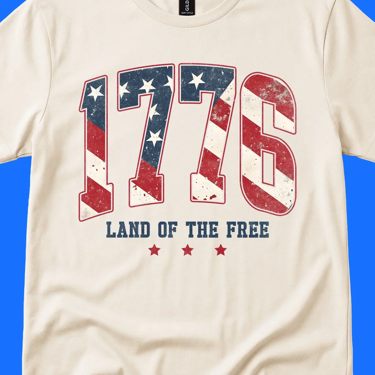 Vintage distressed design featuring the number 1776 in American flag colors and 'LAND OF THE FREE' text, celebrating America's history.