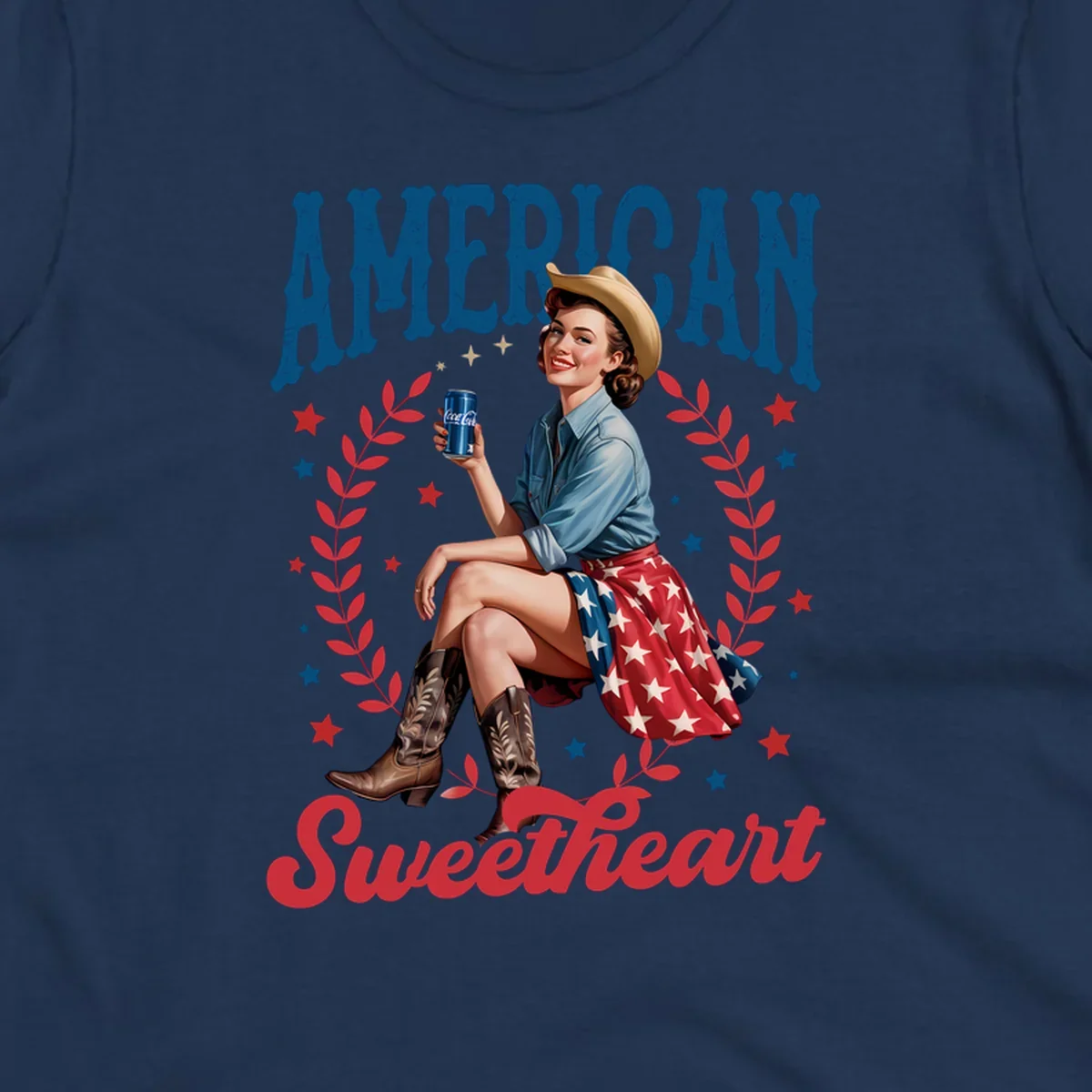 A vintage American sweetheart pin-up girl wearing a cowboy hat and American flag skirt, holding a Coca-Cola can, framed by leaves and stars, with 'AMERICAN Sweetheart' text. This american-sweetheart-pin-up design is perfect for celebrating.