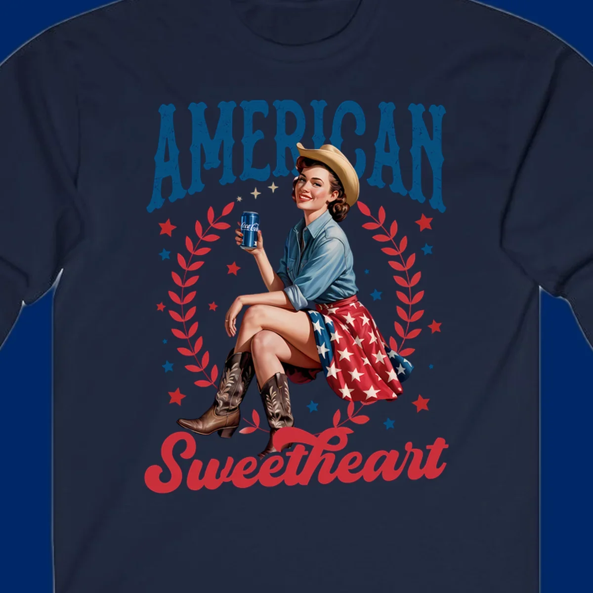 A vintage American sweetheart pin-up girl wearing a cowboy hat and American flag skirt, holding a Coca-Cola can, framed by leaves and stars, with 'AMERICAN Sweetheart' text. This american-sweetheart-pin-up design is perfect for celebrating.
