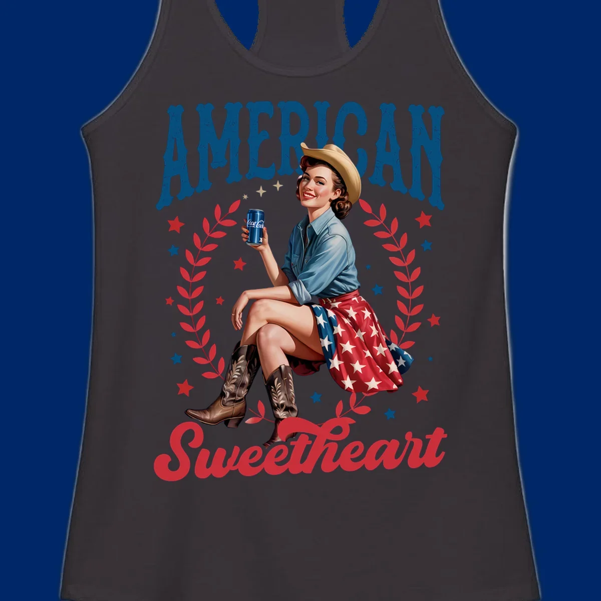 A vintage American sweetheart pin-up girl wearing a cowboy hat and American flag skirt, holding a Coca-Cola can, framed by leaves and stars, with 'AMERICAN Sweetheart' text. This american-sweetheart-pin-up design is perfect for celebrating.