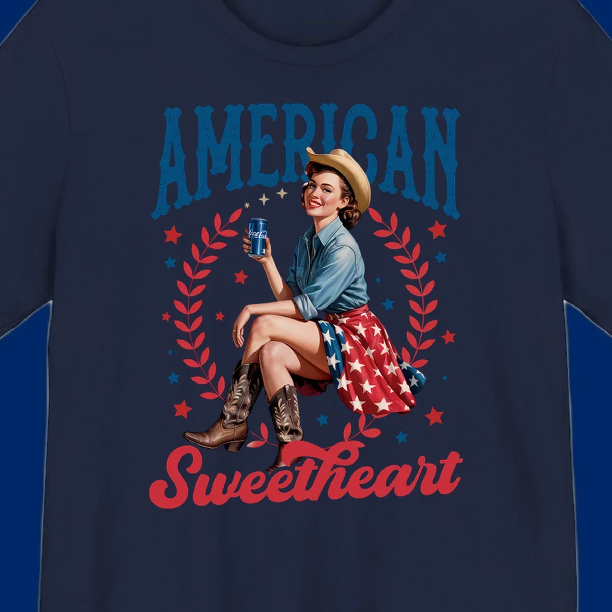 A vintage American sweetheart pin-up girl wearing a cowboy hat and American flag skirt, holding a Coca-Cola can, framed by leaves and stars, with 'AMERICAN Sweetheart' text. This american-sweetheart-pin-up design is perfect for celebrating.