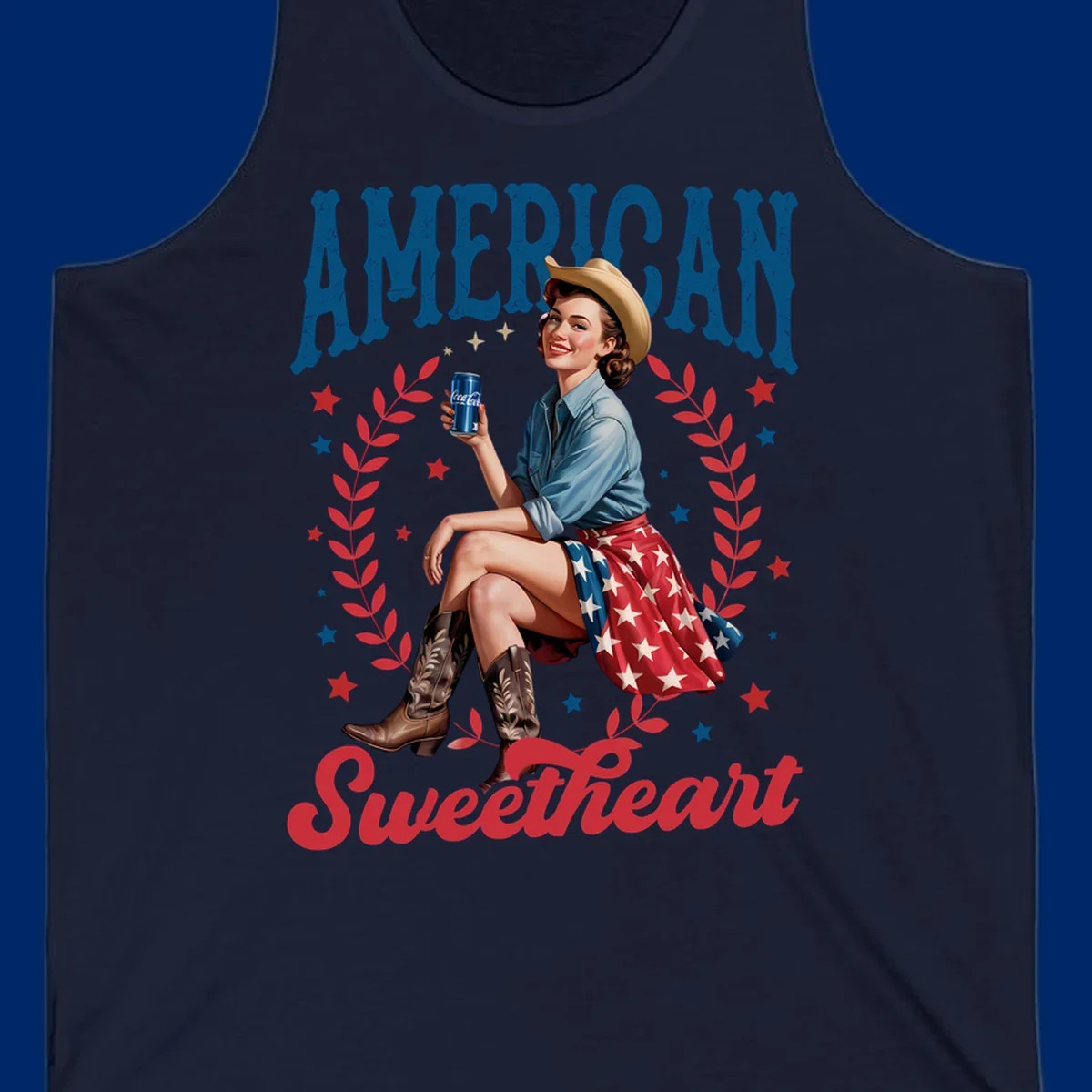 A vintage American sweetheart pin-up girl wearing a cowboy hat and American flag skirt, holding a Coca-Cola can, framed by leaves and stars, with 'AMERICAN Sweetheart' text. This american-sweetheart-pin-up design is perfect for celebrating.