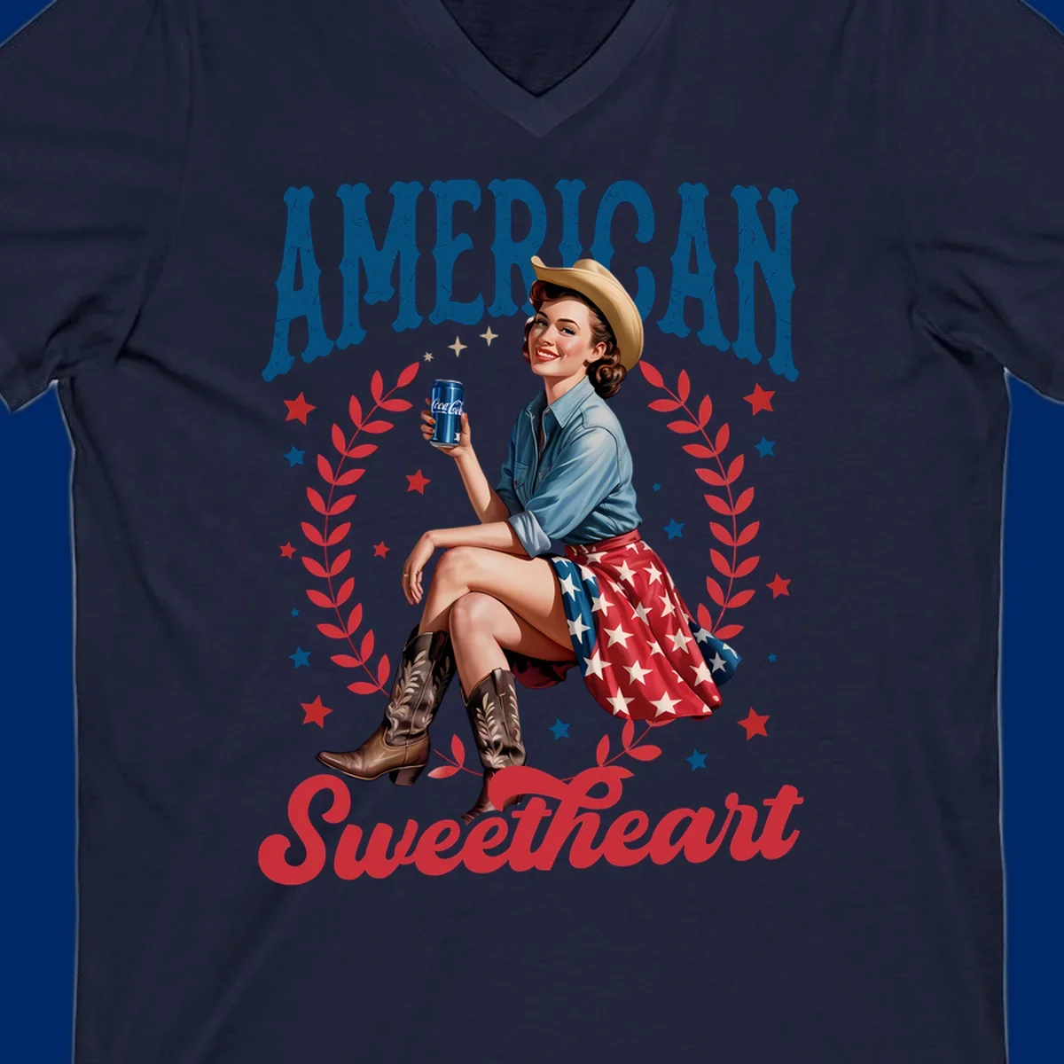 A vintage American sweetheart pin-up girl wearing a cowboy hat and American flag skirt, holding a Coca-Cola can, framed by leaves and stars, with 'AMERICAN Sweetheart' text. This american-sweetheart-pin-up design is perfect for celebrating.