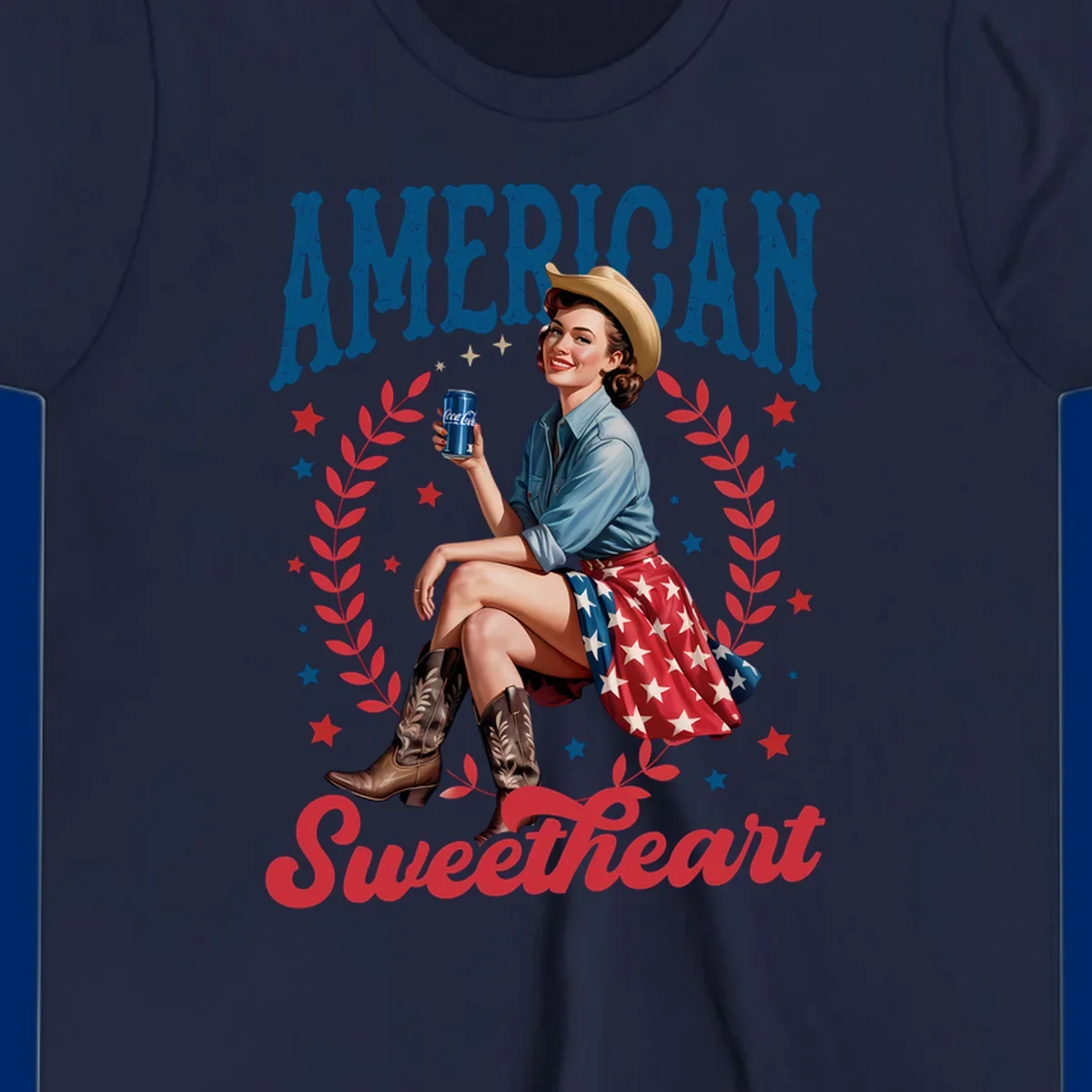 A vintage American sweetheart pin-up girl wearing a cowboy hat and American flag skirt, holding a Coca-Cola can, framed by leaves and stars, with 'AMERICAN Sweetheart' text. This american-sweetheart-pin-up design is perfect for celebrating.