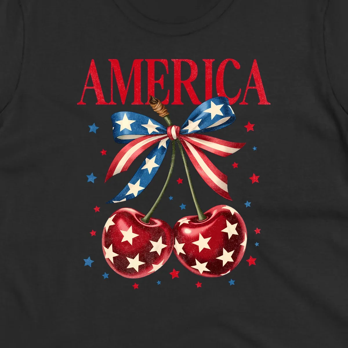 Vintage patriotic artwork featuring red 'AMERICA' text, two red cherries with white stars, and an American flag ribbon. Scattered red and blue stars complete this America-cherries-stars design.