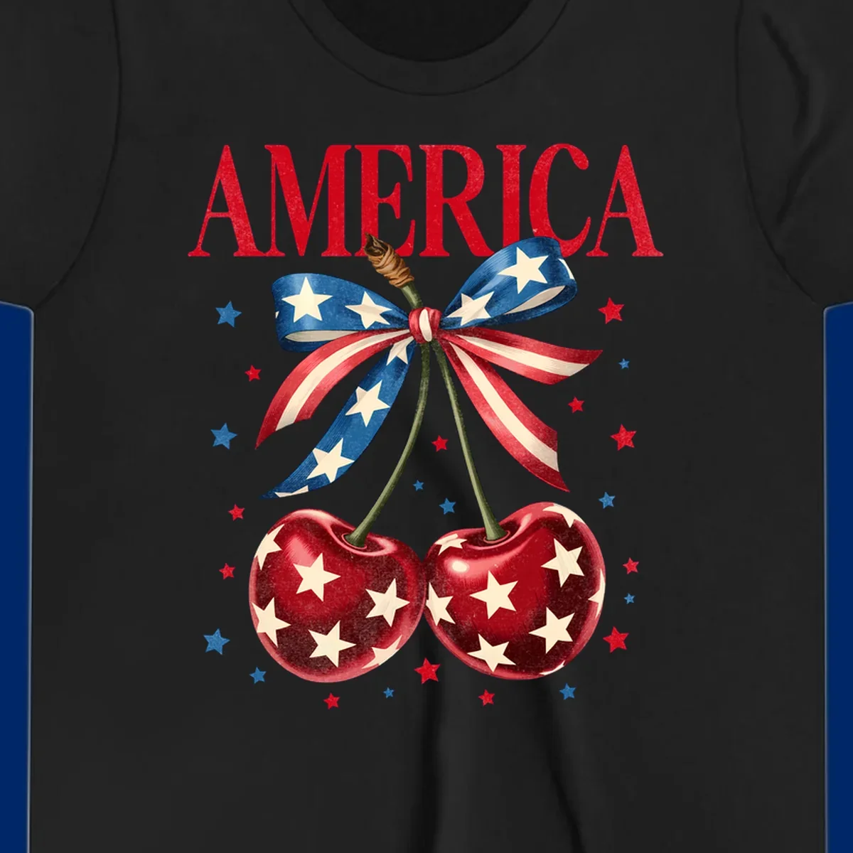 Vintage patriotic artwork featuring red 'AMERICA' text, two red cherries with white stars, and an American flag ribbon. Scattered red and blue stars complete this America-cherries-stars design.