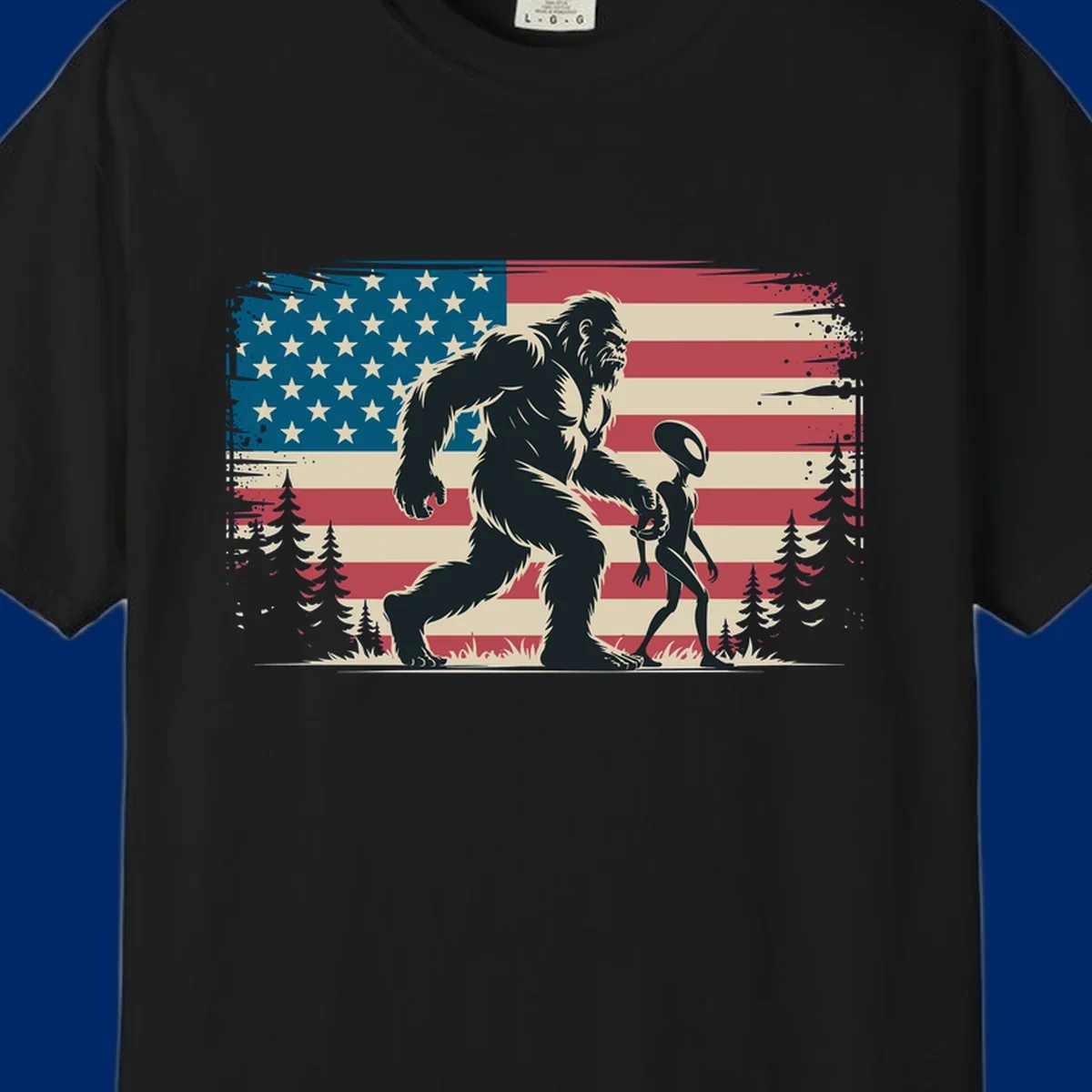 A vintage illustration of Bigfoot and a grey alien walking through a forest, set against a distressed bigfoot-alien-american-flag.