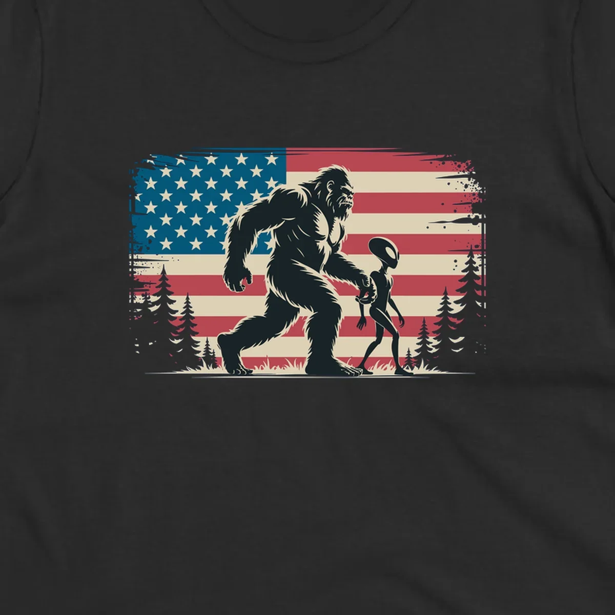 A vintage illustration of Bigfoot and a grey alien walking through a forest, set against a distressed bigfoot-alien-american-flag.