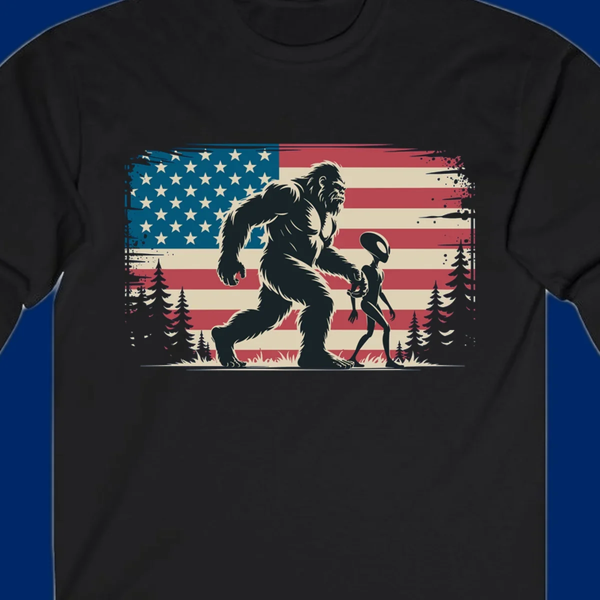 A vintage illustration of Bigfoot and a grey alien walking through a forest, set against a distressed bigfoot-alien-american-flag.
