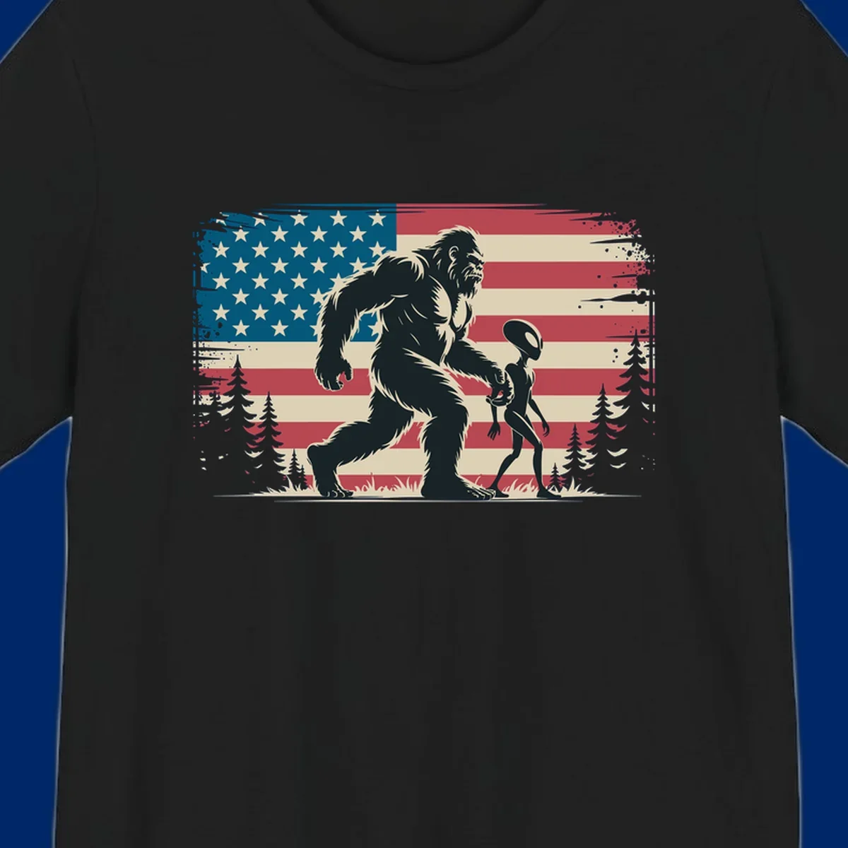 A vintage illustration of Bigfoot and a grey alien walking through a forest, set against a distressed bigfoot-alien-american-flag.