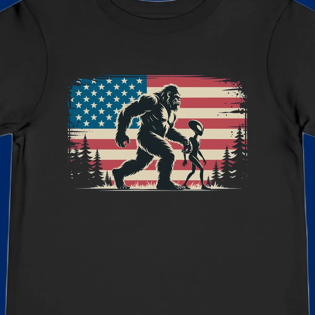 A vintage illustration of Bigfoot and a grey alien walking through a forest, set against a distressed bigfoot-alien-american-flag.