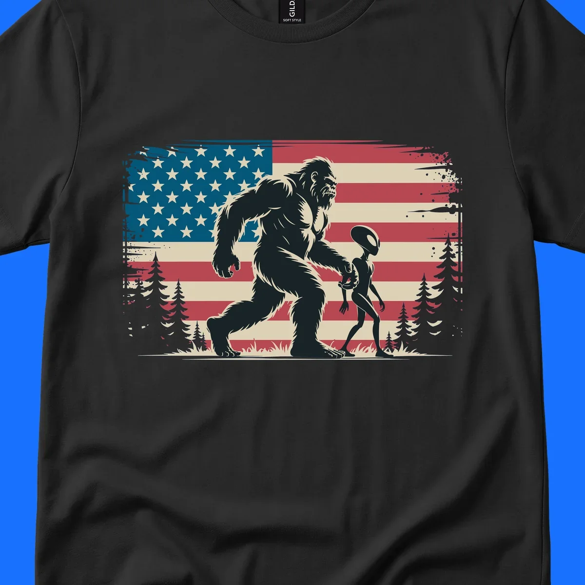 A vintage illustration of Bigfoot and a grey alien walking through a forest, set against a distressed bigfoot-alien-american-flag.