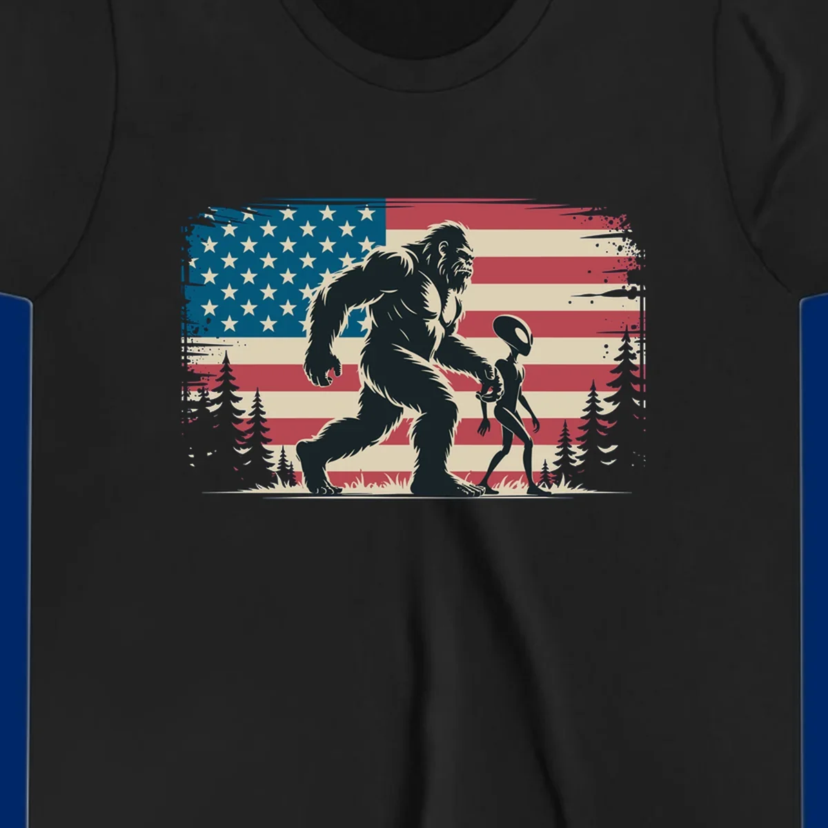 A vintage illustration of Bigfoot and a grey alien walking through a forest, set against a distressed bigfoot-alien-american-flag.