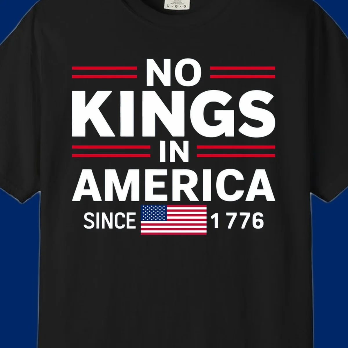 A patriotic design featuring 'KINGS AMERICA SINCE 1776' with red double lines and an American flag, celebrating the kings-america-since-1776 spirit.