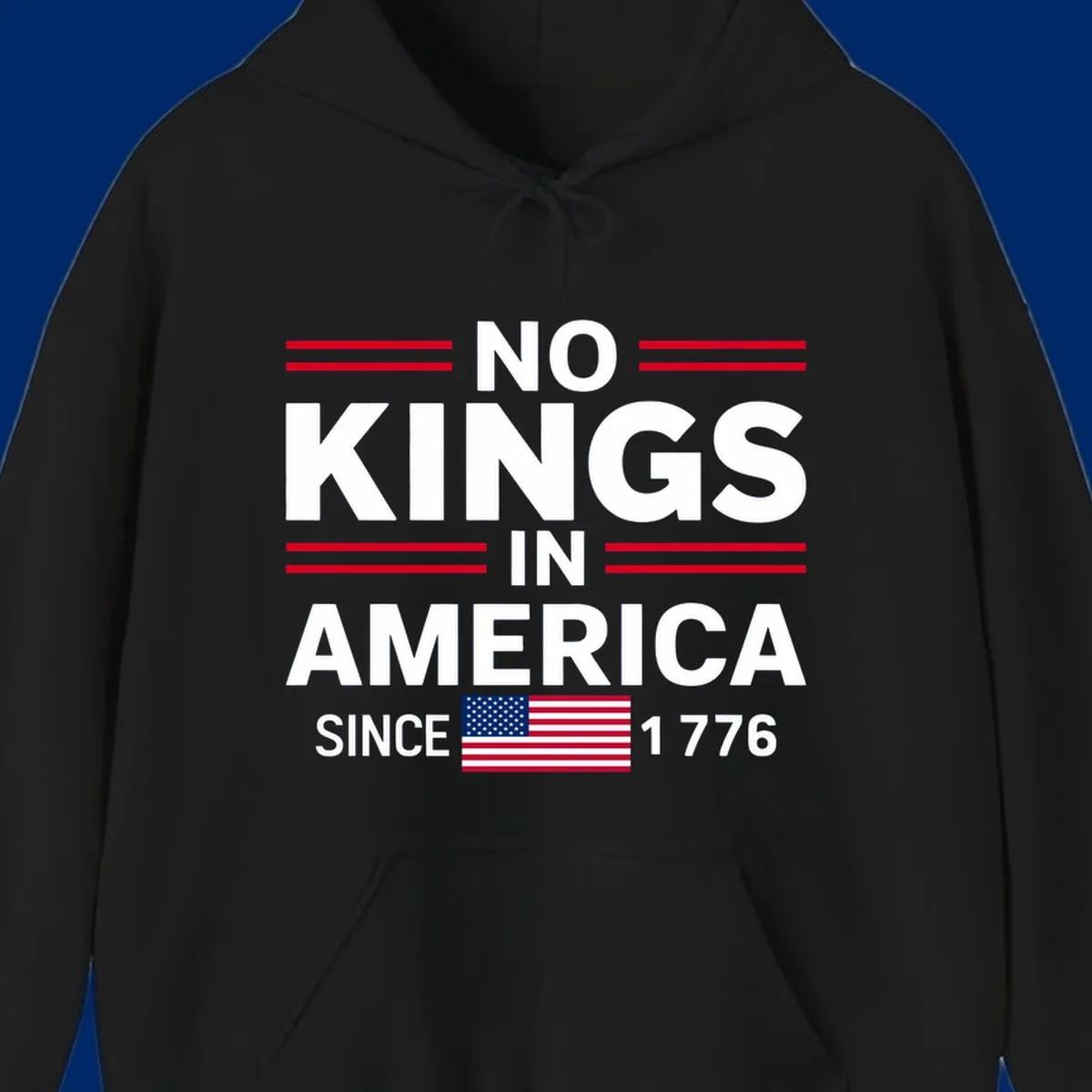 A patriotic design featuring 'KINGS AMERICA SINCE 1776' with red double lines and an American flag, celebrating the kings-america-since-1776 spirit.
