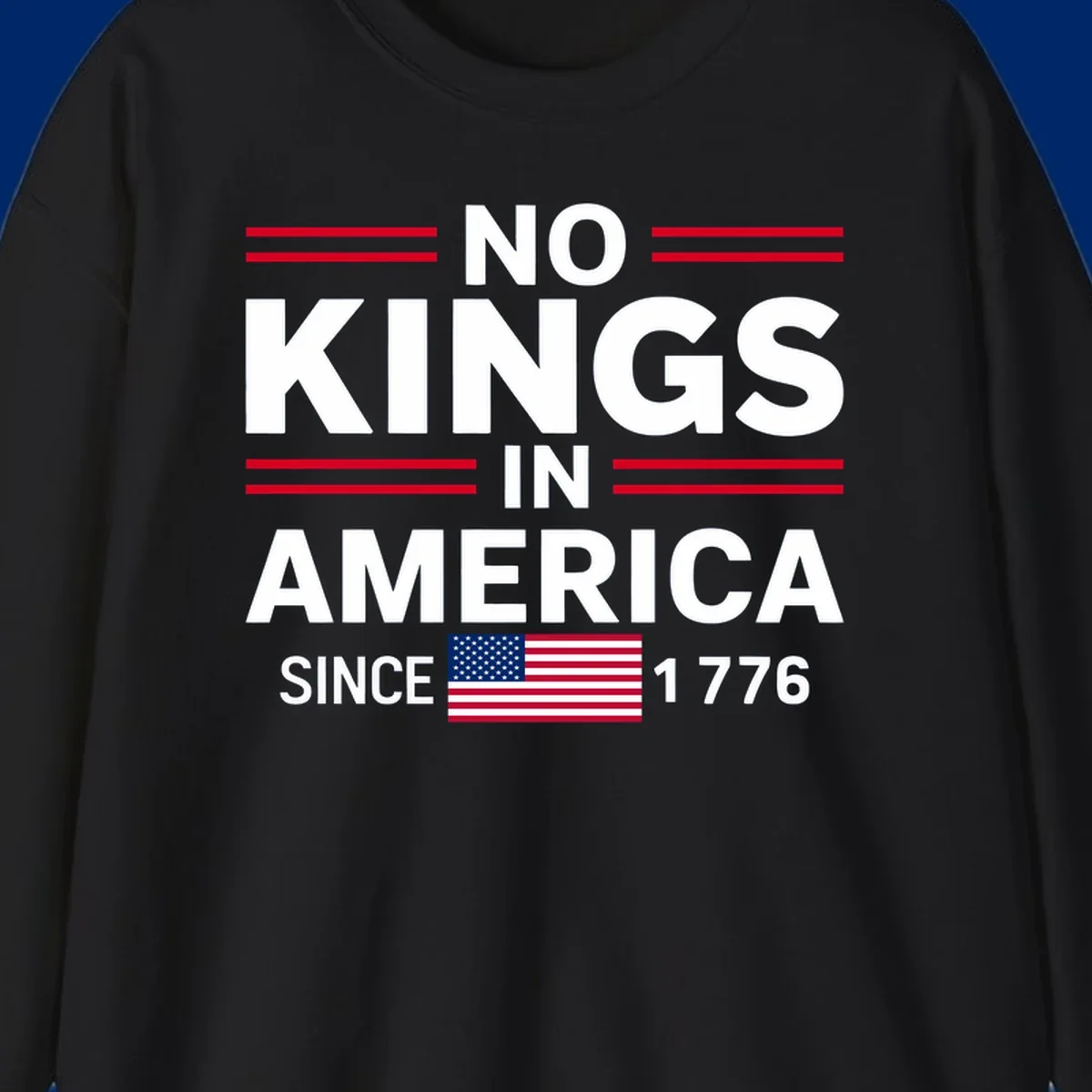 A patriotic design featuring 'KINGS AMERICA SINCE 1776' with red double lines and an American flag, celebrating the kings-america-since-1776 spirit.