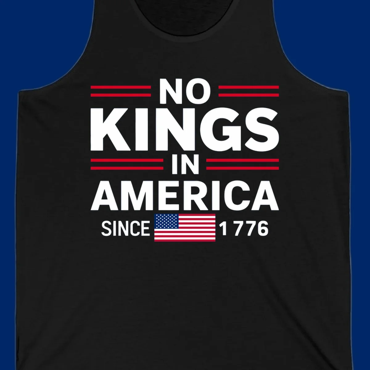 A patriotic design featuring 'KINGS AMERICA SINCE 1776' with red double lines and an American flag, celebrating the kings-america-since-1776 spirit.