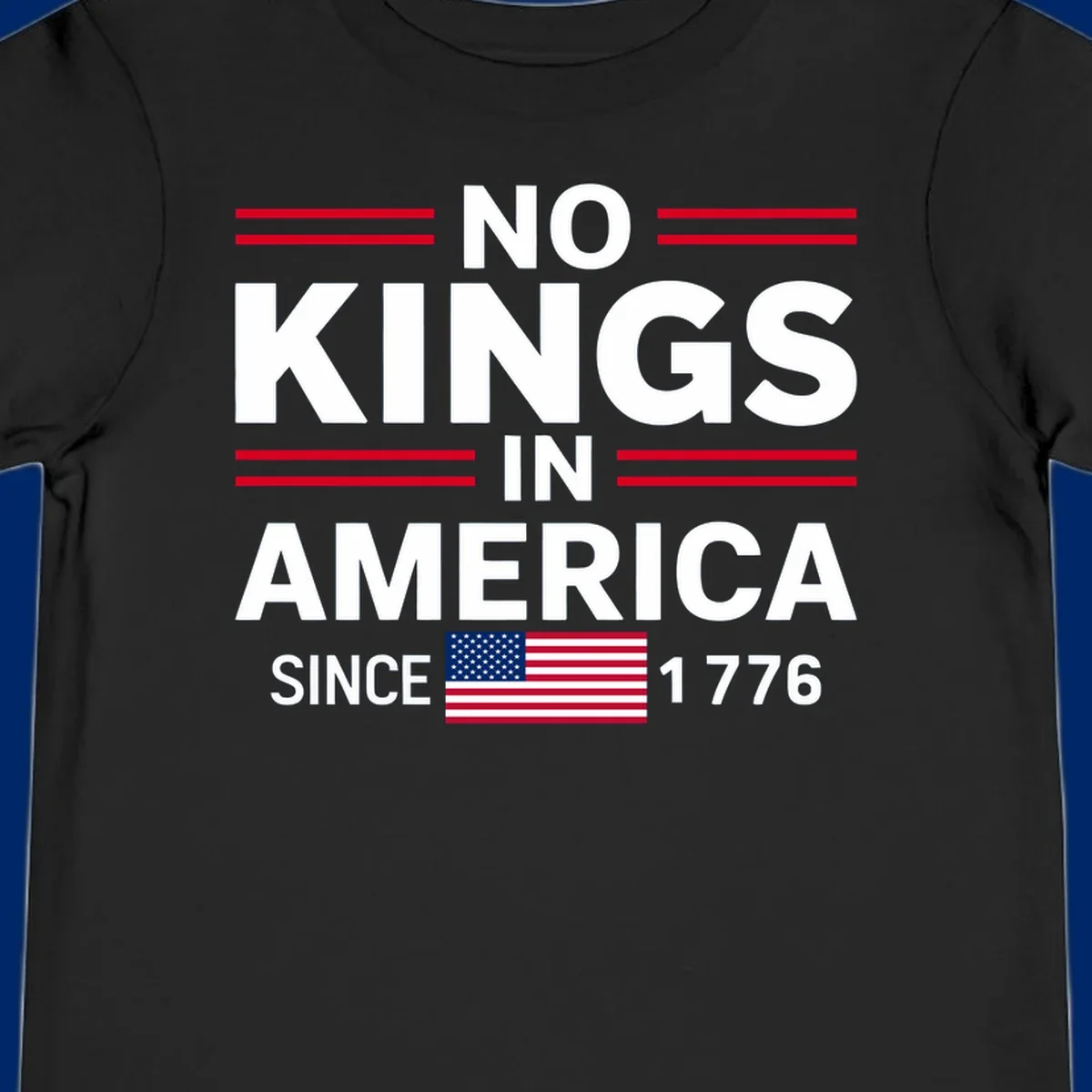 A patriotic design featuring 'KINGS AMERICA SINCE 1776' with red double lines and an American flag, celebrating the kings-america-since-1776 spirit.