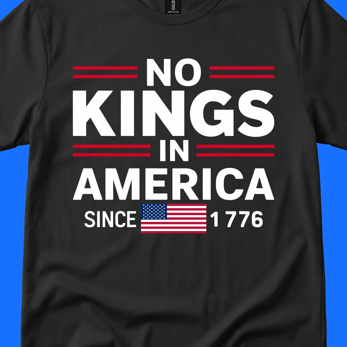 A patriotic design featuring 'KINGS AMERICA SINCE 1776' with red double lines and an American flag, celebrating the kings-america-since-1776 spirit.