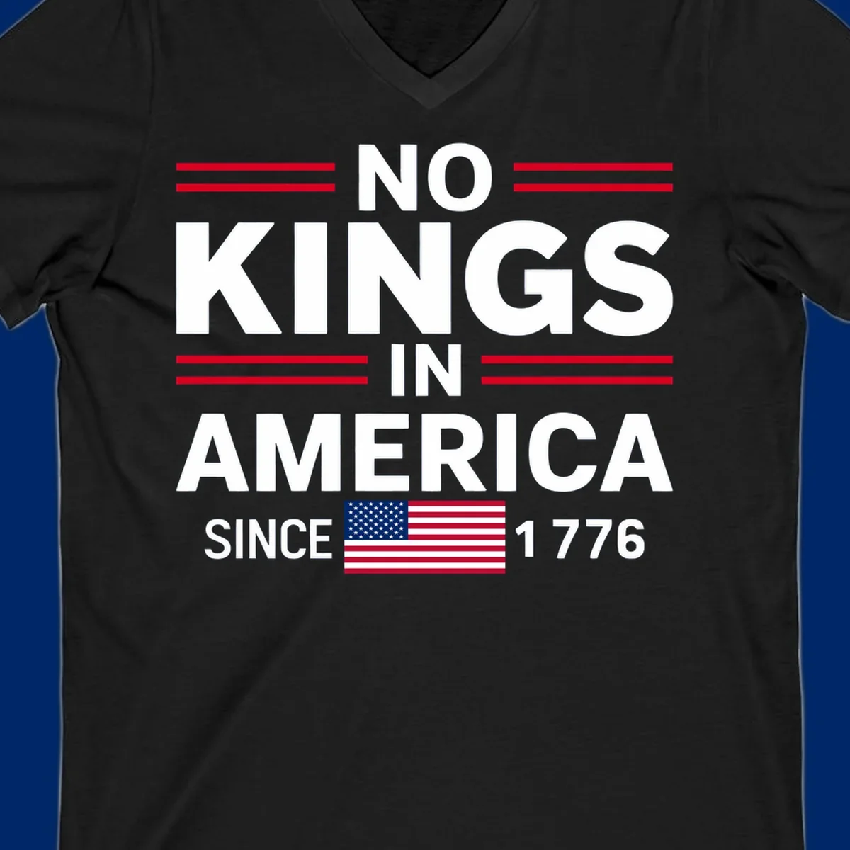A patriotic design featuring 'KINGS AMERICA SINCE 1776' with red double lines and an American flag, celebrating the kings-america-since-1776 spirit.