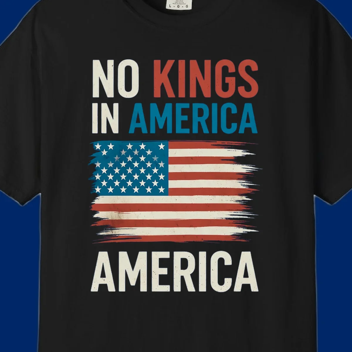 Distressed American flag design with the text 'NO KINGS IN AMERICA' above and 'AMERICA' below, representing the no-kings-in-america-flag concept.