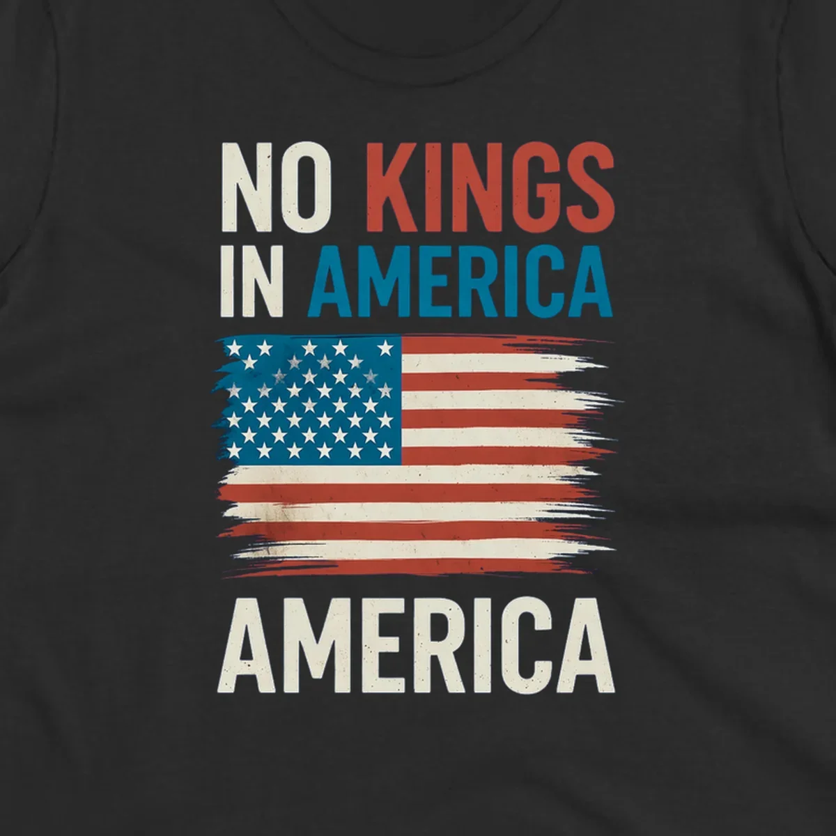 Distressed American flag design with the text 'NO KINGS IN AMERICA' above and 'AMERICA' below, representing the no-kings-in-america-flag concept.