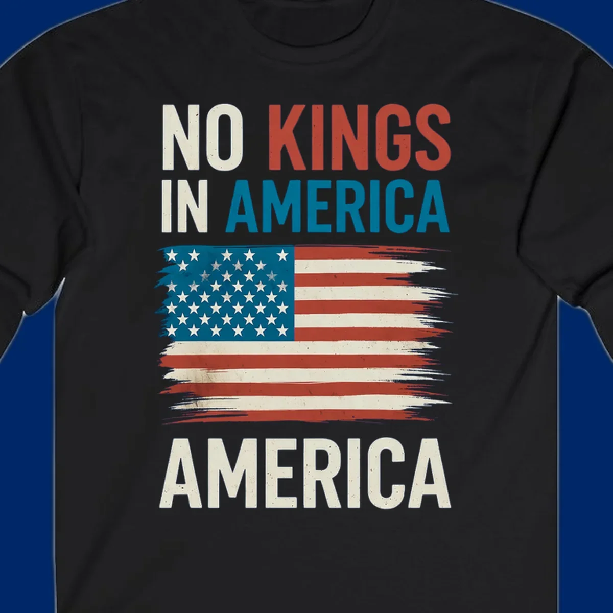 Distressed American flag design with the text 'NO KINGS IN AMERICA' above and 'AMERICA' below, representing the no-kings-in-america-flag concept.