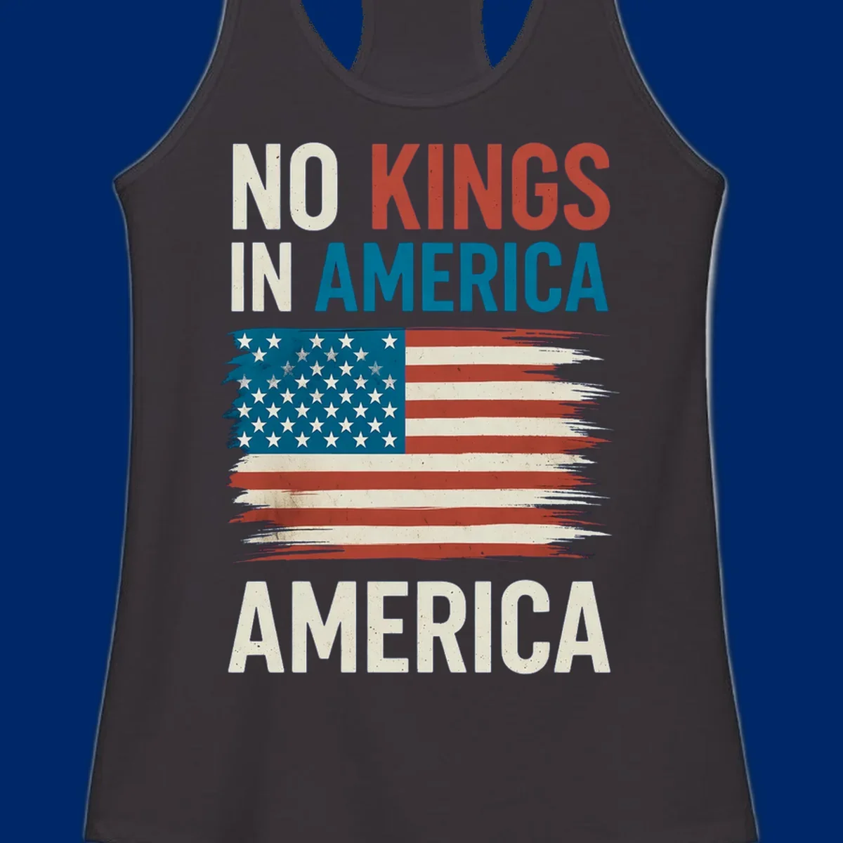 Distressed American flag design with the text 'NO KINGS IN AMERICA' above and 'AMERICA' below, representing the no-kings-in-america-flag concept.