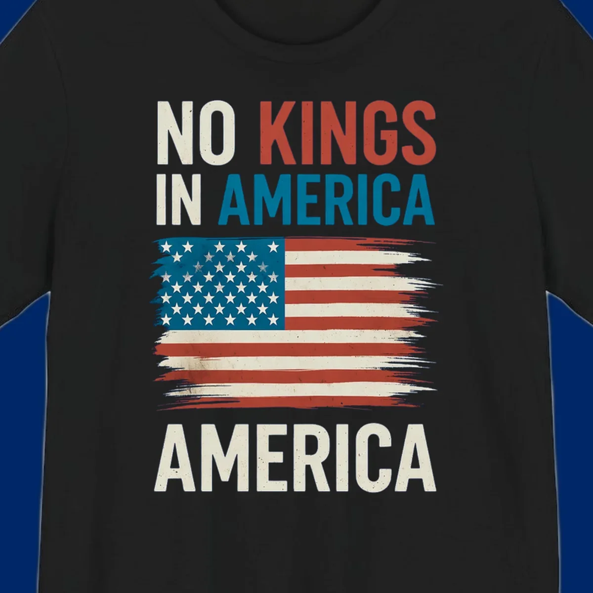 Distressed American flag design with the text 'NO KINGS IN AMERICA' above and 'AMERICA' below, representing the no-kings-in-america-flag concept.