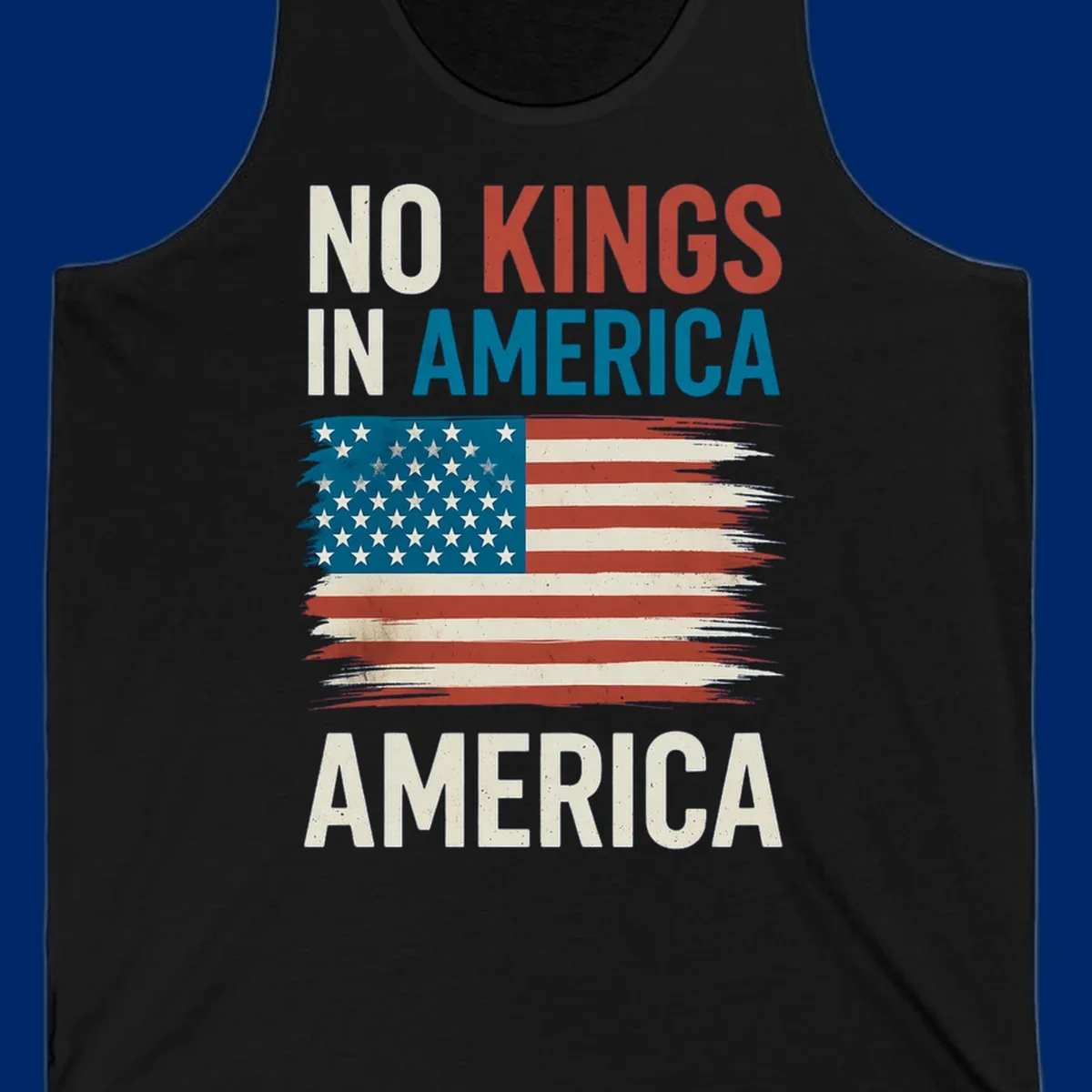 Distressed American flag design with the text 'NO KINGS IN AMERICA' above and 'AMERICA' below, representing the no-kings-in-america-flag concept.