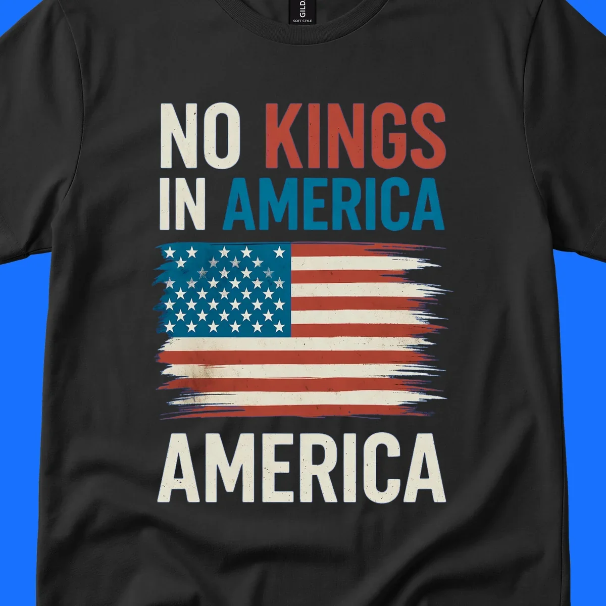 Distressed American flag design with the text 'NO KINGS IN AMERICA' above and 'AMERICA' below, representing the no-kings-in-america-flag concept.