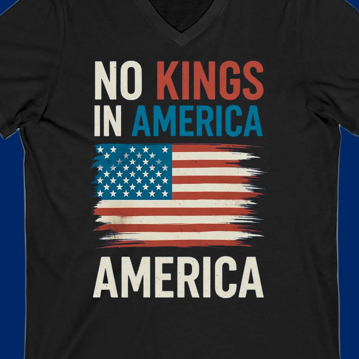 Distressed American flag design with the text 'NO KINGS IN AMERICA' above and 'AMERICA' below, representing the no-kings-in-america-flag concept.