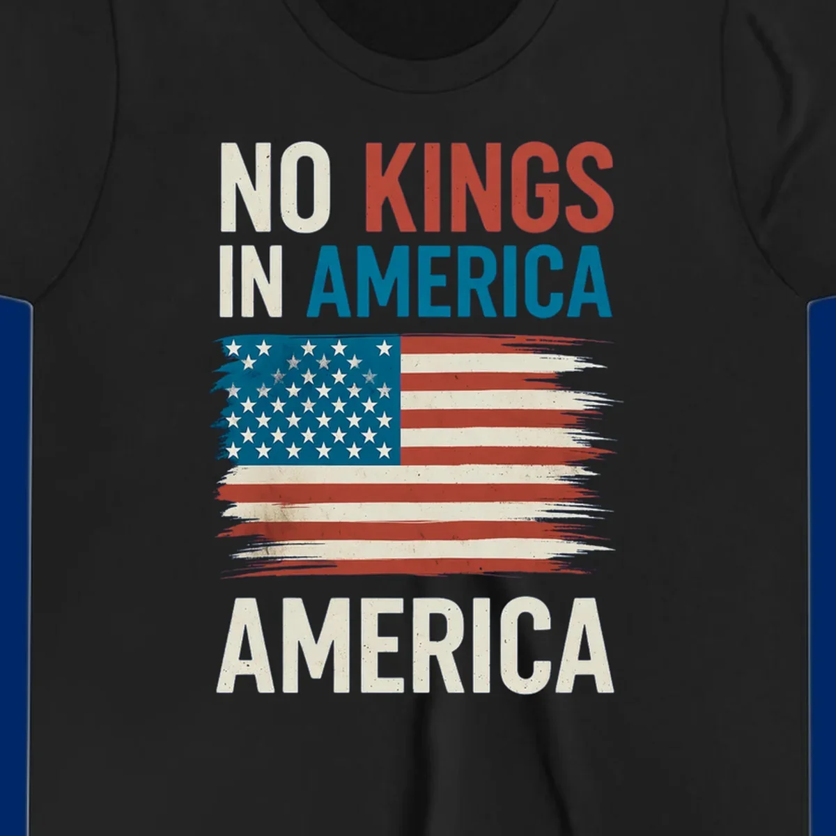 Distressed American flag design with the text 'NO KINGS IN AMERICA' above and 'AMERICA' below, representing the no-kings-in-america-flag concept.