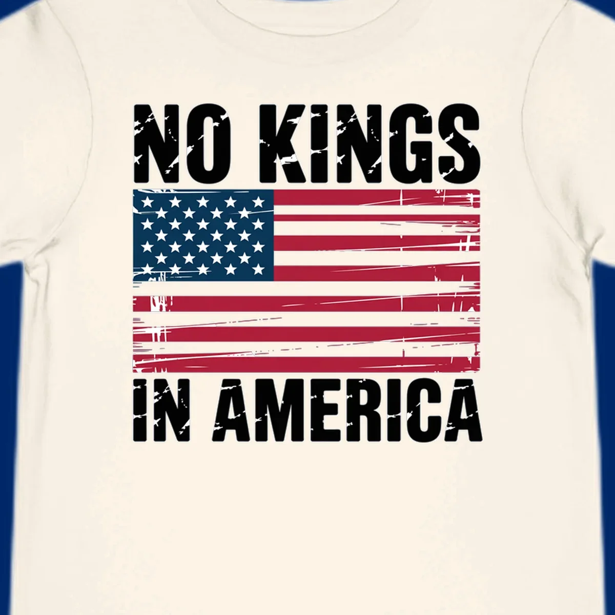 Distressed American flag with 'NO KINGS' above and 'IN AMERICA' below, symbolizing the no-kings-america-flag concept.