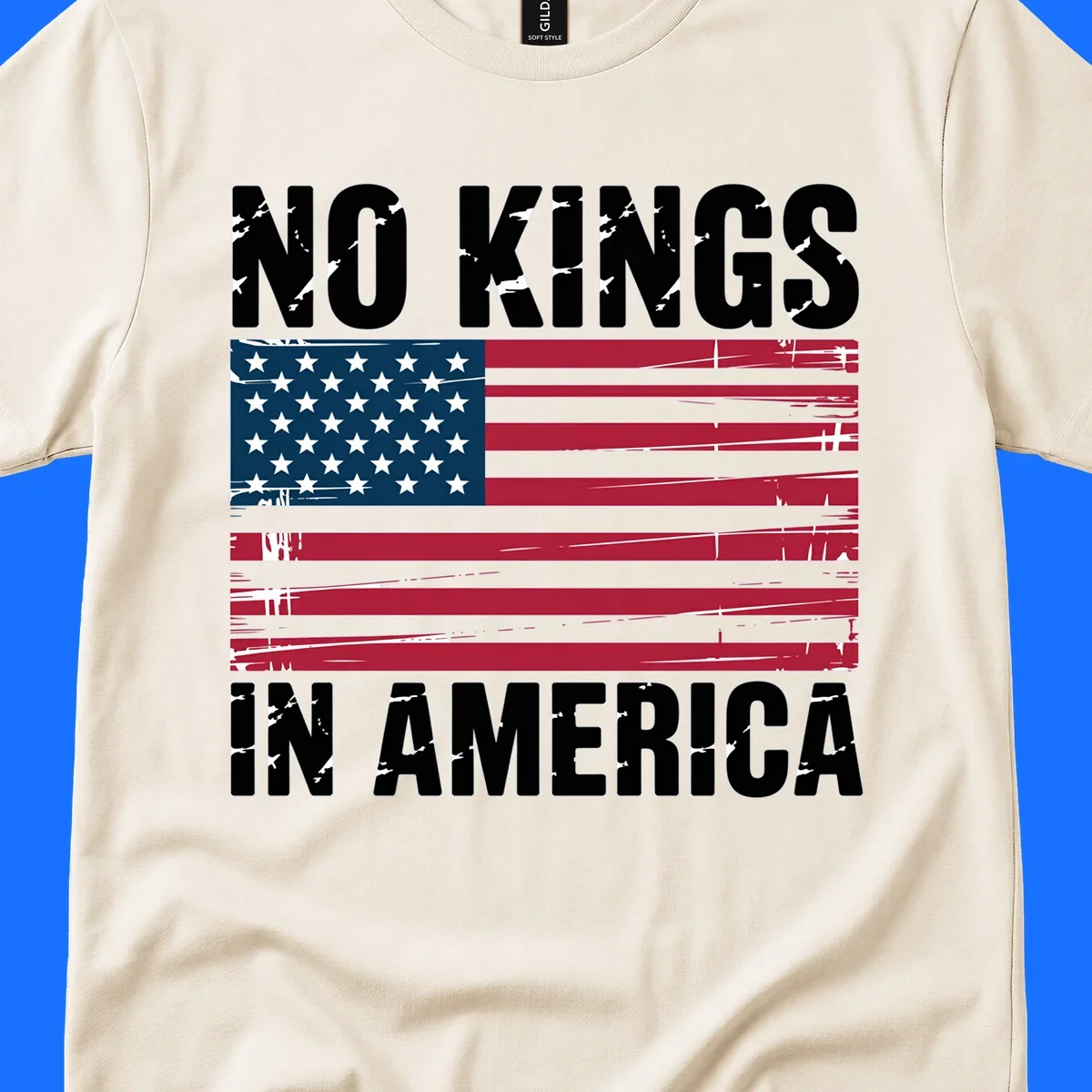 Distressed American flag with 'NO KINGS' above and 'IN AMERICA' below, symbolizing the no-kings-america-flag concept.