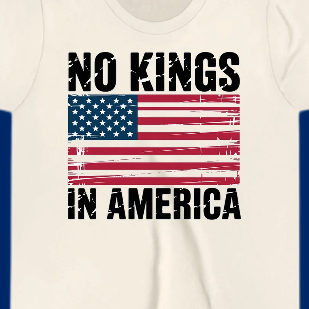 Distressed American flag with 'NO KINGS' above and 'IN AMERICA' below, symbolizing the no-kings-america-flag concept.