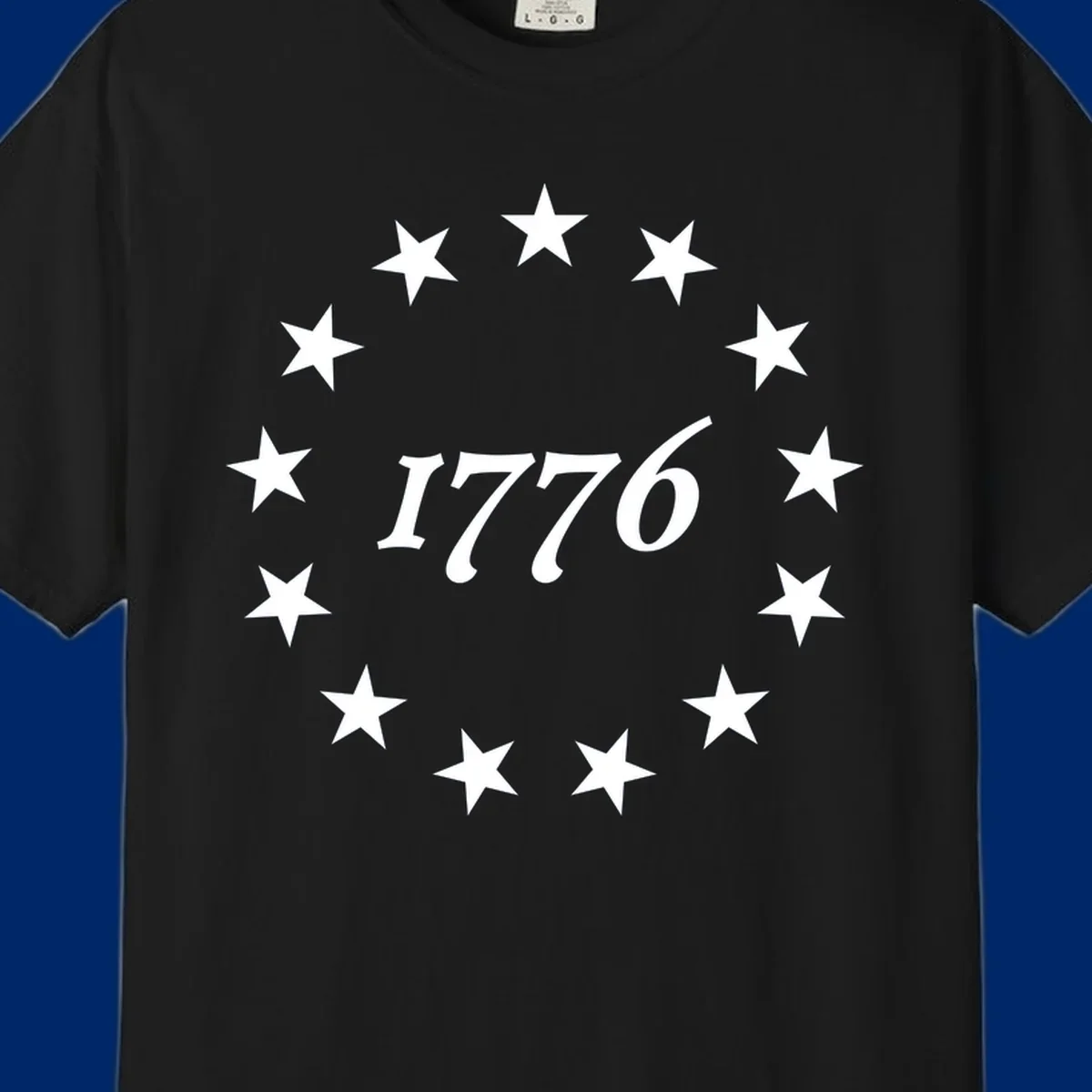 A black background design with white stylized text 'EST 1776' surrounded by white five-pointed stars, celebrating America 250th anniversary.