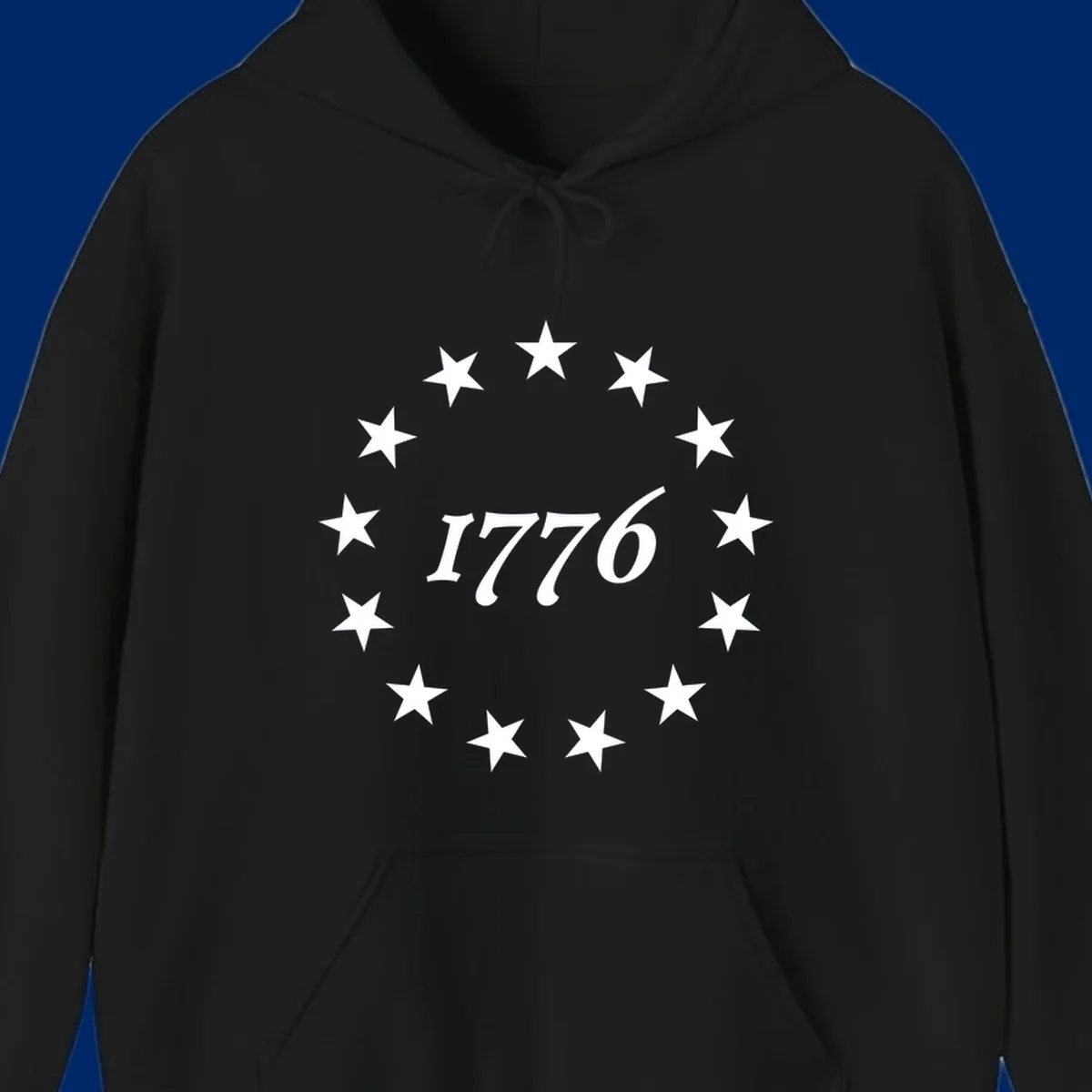 A black background design with white stylized text 'EST 1776' surrounded by white five-pointed stars, celebrating America 250th anniversary.