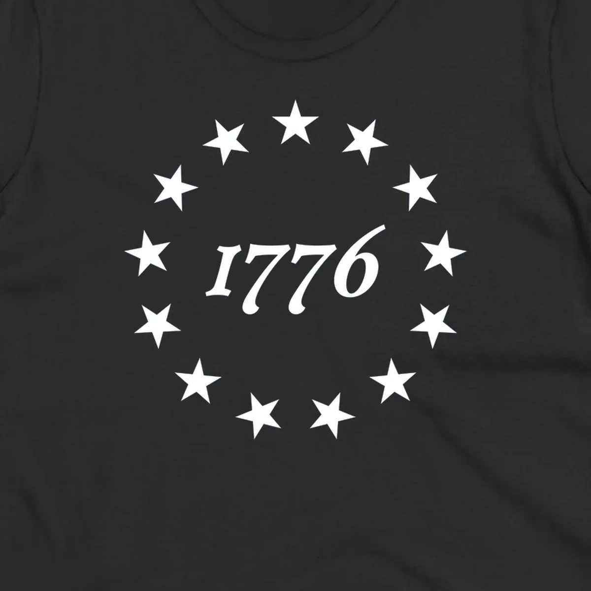 A black background design with white stylized text 'EST 1776' surrounded by white five-pointed stars, celebrating America 250th anniversary.