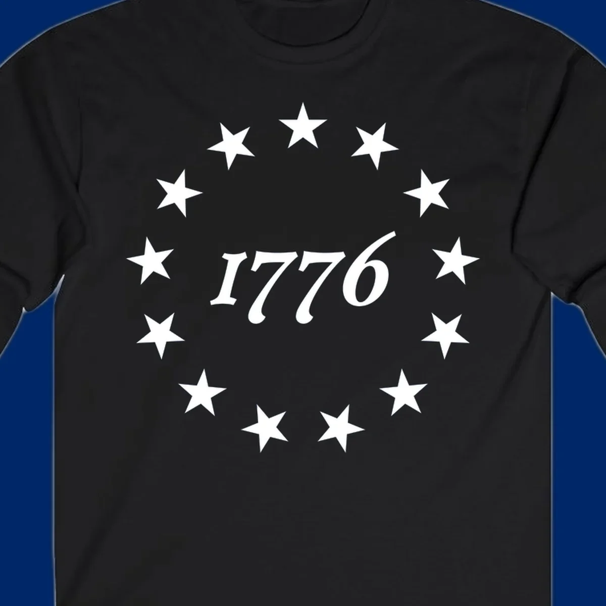A black background design with white stylized text 'EST 1776' surrounded by white five-pointed stars, celebrating America 250th anniversary.