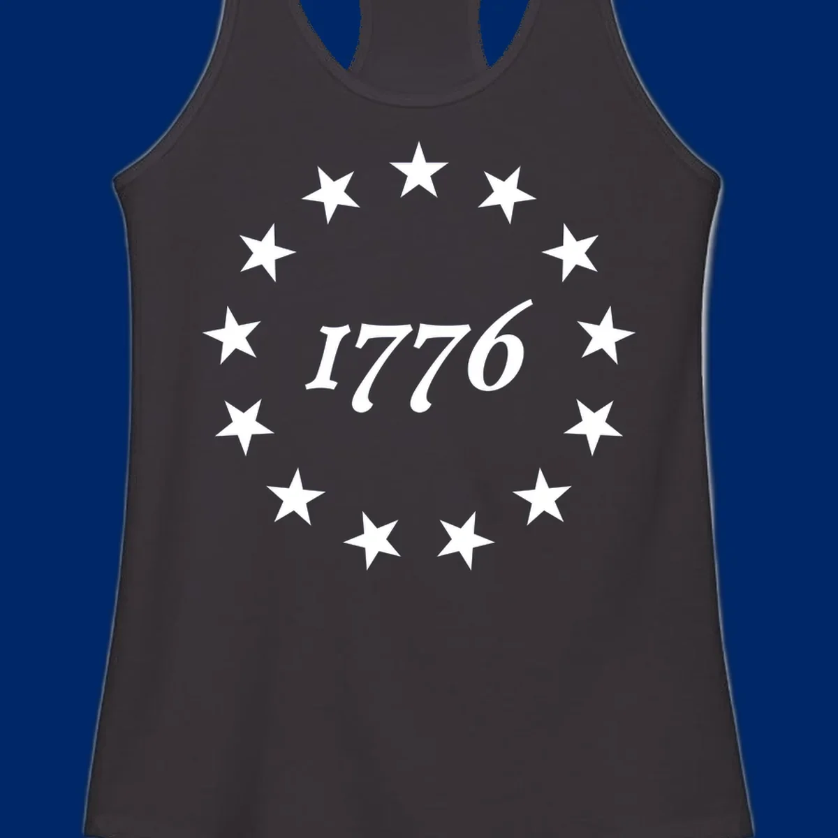 A black background design with white stylized text 'EST 1776' surrounded by white five-pointed stars, celebrating America 250th anniversary.