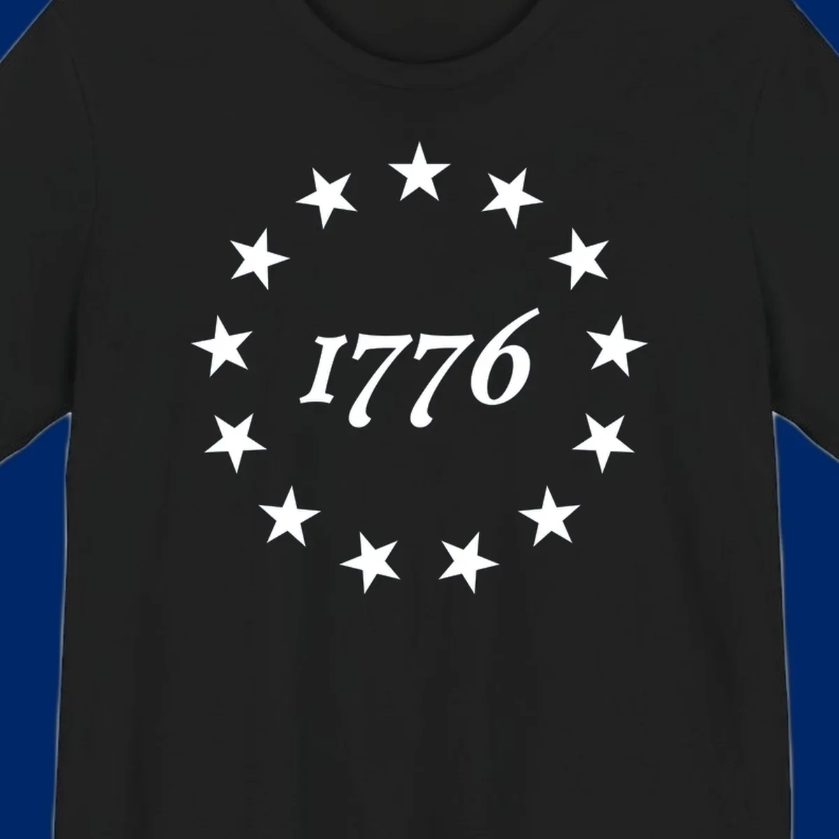 A black background design with white stylized text 'EST 1776' surrounded by white five-pointed stars, celebrating America 250th anniversary.
