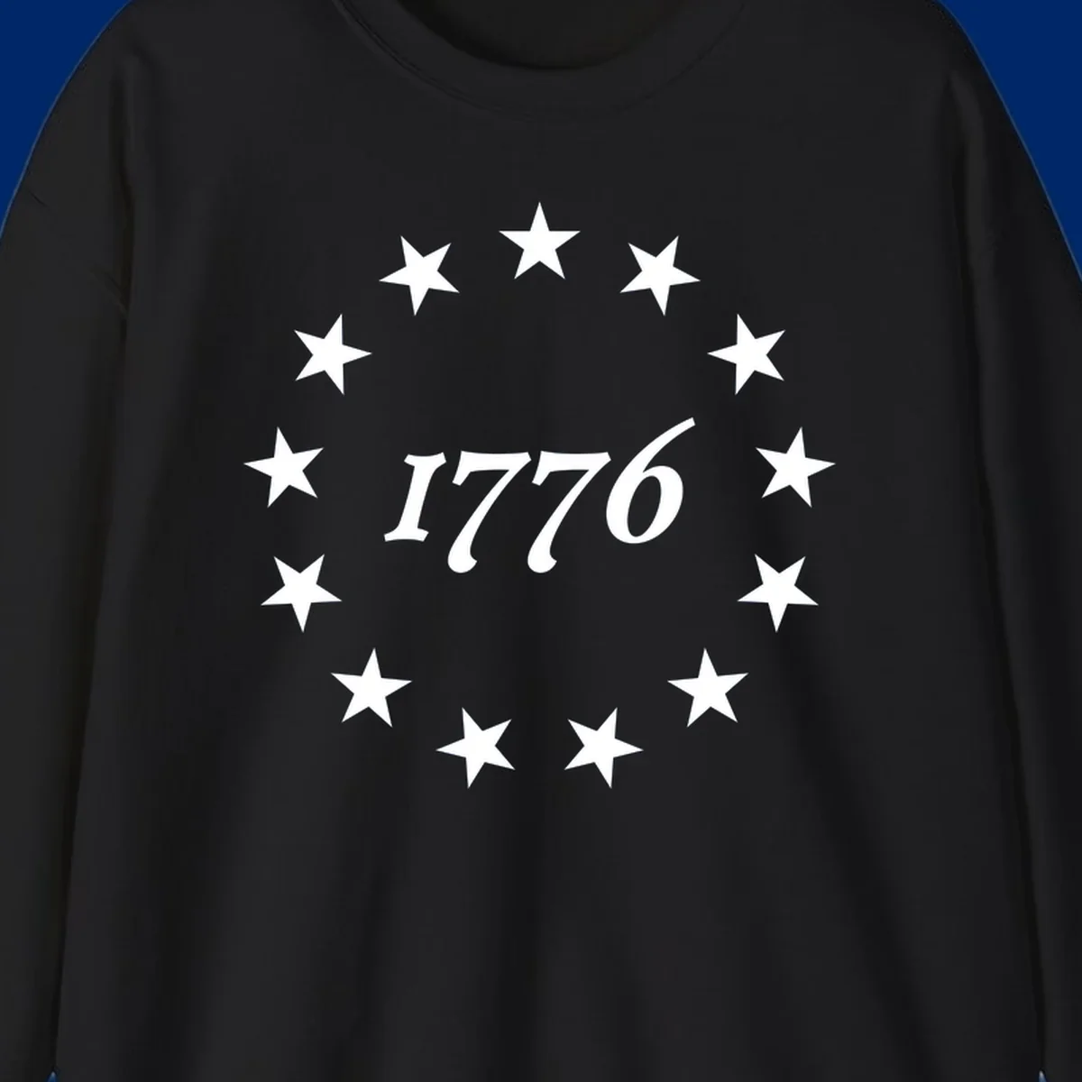 A black background design with white stylized text 'EST 1776' surrounded by white five-pointed stars, celebrating America 250th anniversary.